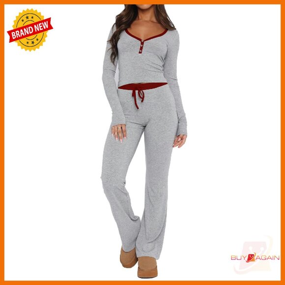 Soft Rayon Spandex Lounge Set Long Sleeve V Neck Wide Leg Pants